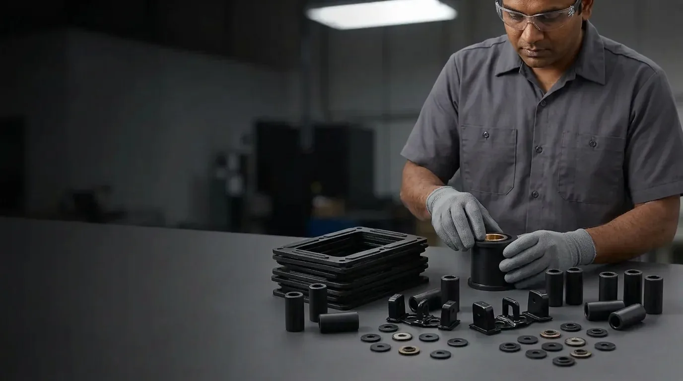 PHAEGA worker inspecting an engineering component at a workbench